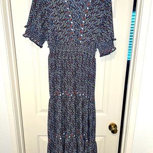 Max StudioV-Neck Elbow Sleeve Boho Floral Print Tiered Long Maxi Flowy Dress